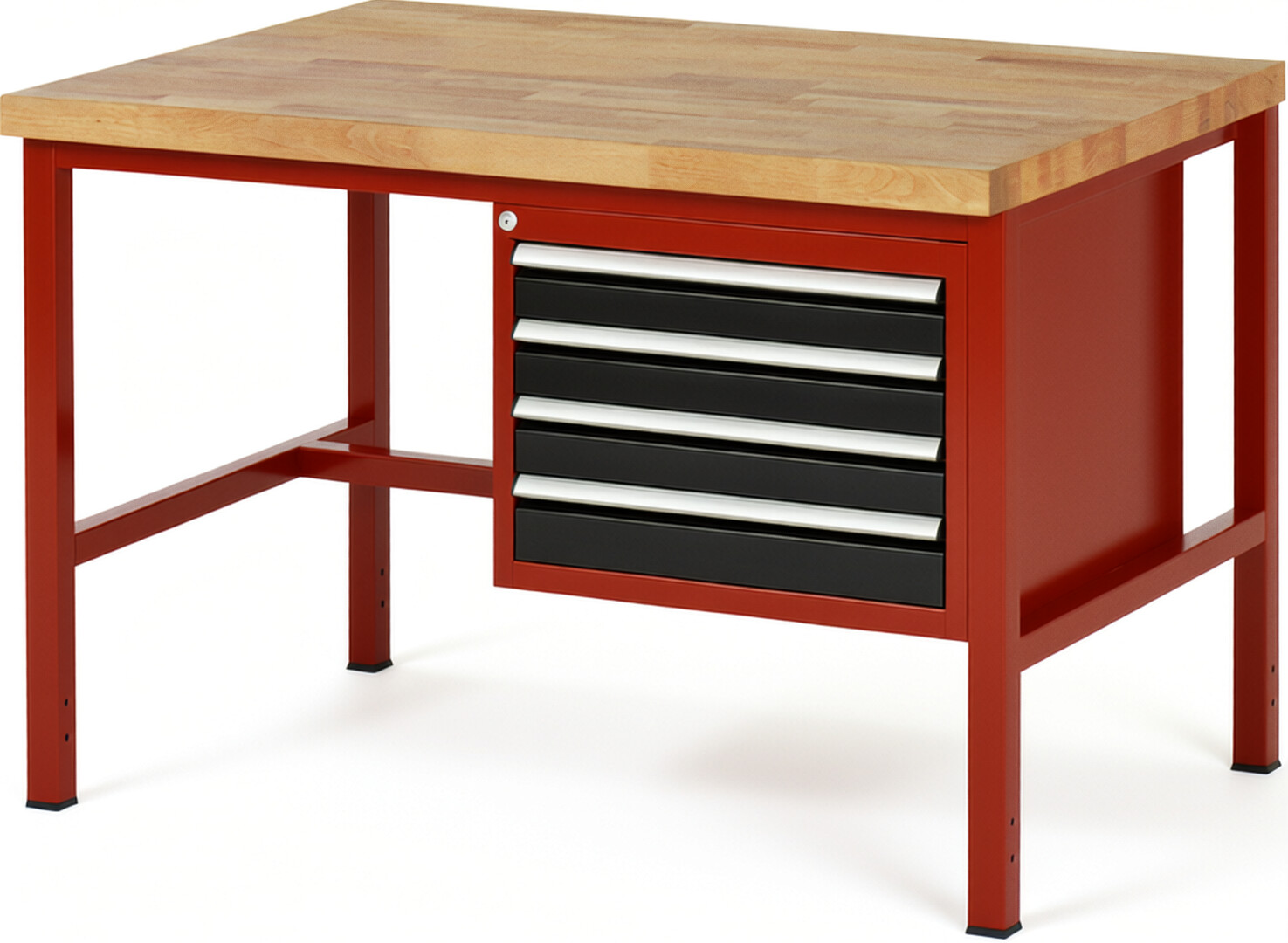 Werkbank Modell 8133 rot - schwarz, BxTxH 1250x900x840-1040 mm,  Buche-Massiv Arbeitsplatte 40 mm,  4 Schubladen mit  Auszug 90 %