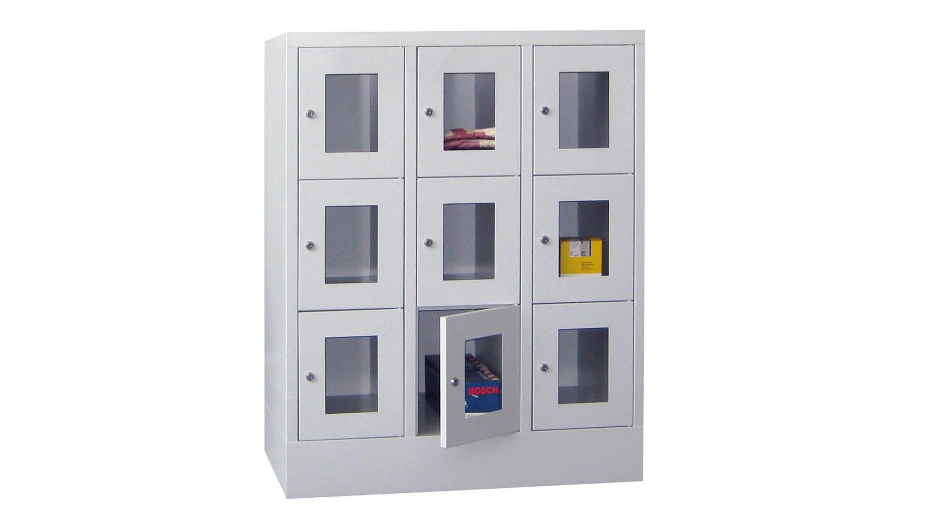 Fächerschränke mit Sichtfenstertüren, Breite 90 cm, Höhe 118,7 cm, Tiefe 50 cm, 3x3 Fächer