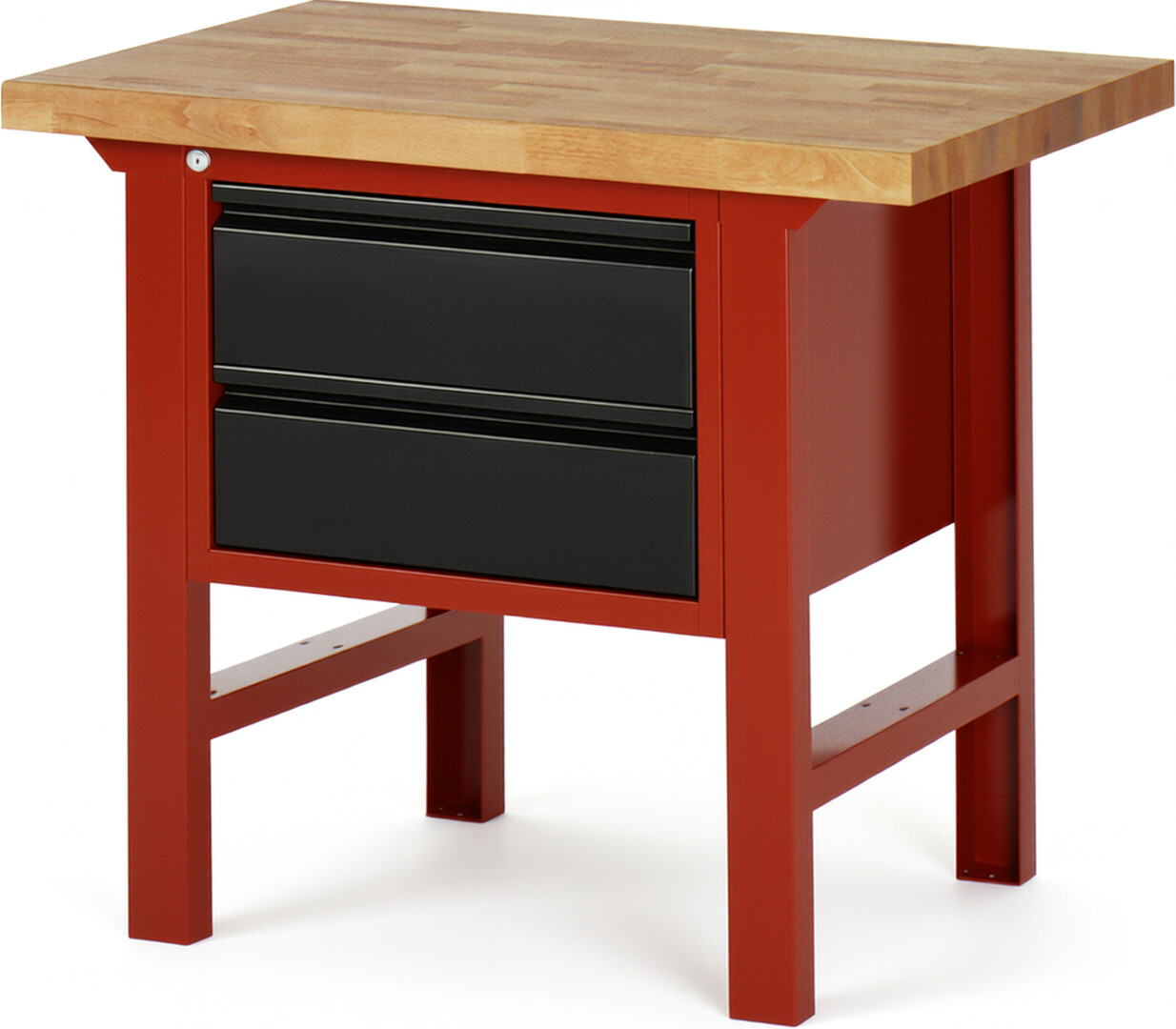 Werkbank rot - schwarz, BxTxH 1000x700x840 mm, Platte Buche 40 mm, 2 Schubladen 180 mm, RAL 3000/9011