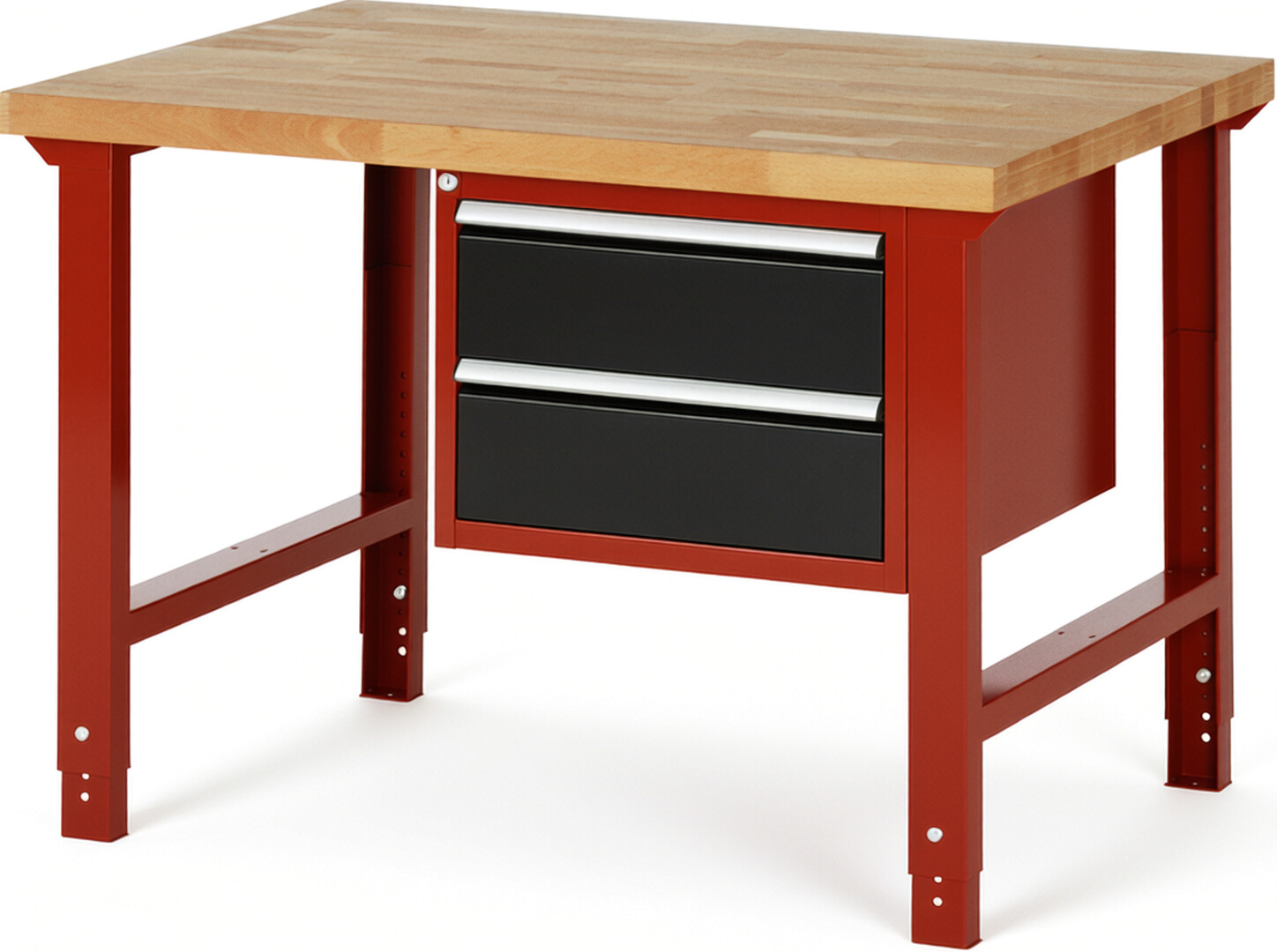 Werkbank Modell 7125 rot - schwarz, BxTxH 1250x900x790-1140 mm,  Buche-Massiv Arbeitsplatte 40 mm,  2 Schubladen mit  Auszug 90 %