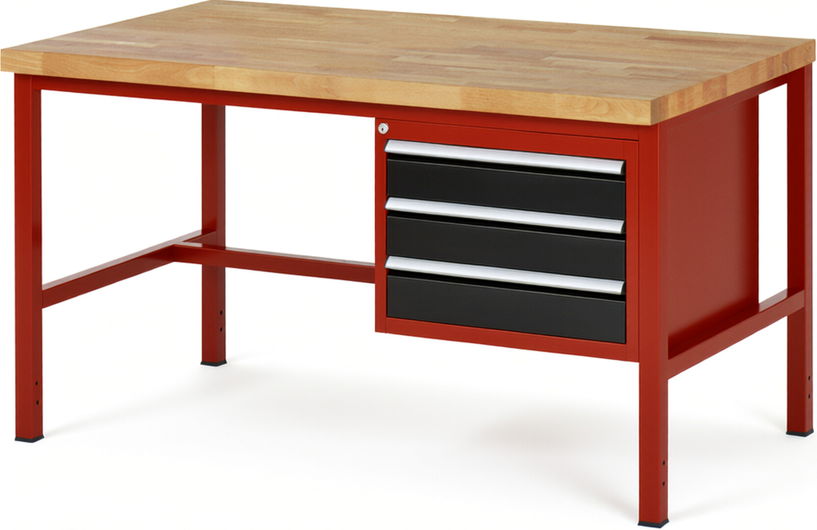 RAU Werkbank rot - schwarz - Breite 150 cm - Tiefe 90 cm - Höhe 104 cm - Buche-Massiv Arbeitsplatte 40 mm