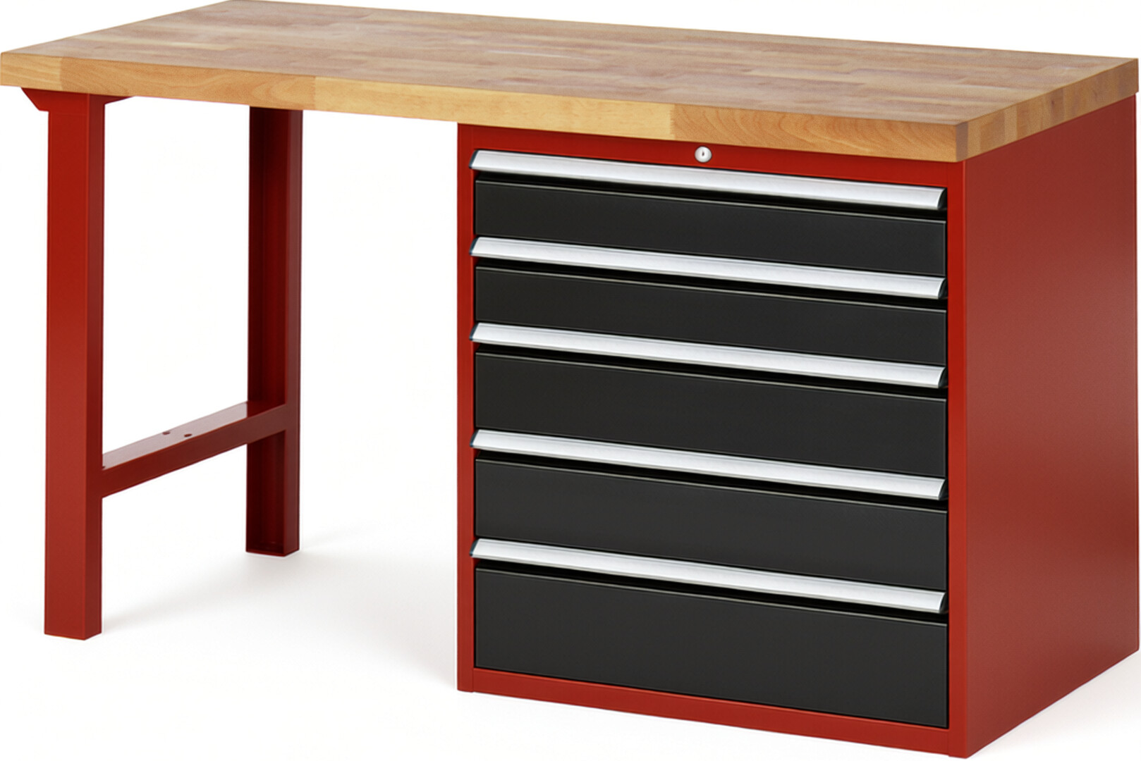 Werkbank Modell 7613 rot - schwarz, BxTxH 1500x700x890 mm,  Buche-Massiv Arbeitsplatte 40 mm,  5 Schubladen mit  Vollauszug 100 % und  SoftClosing