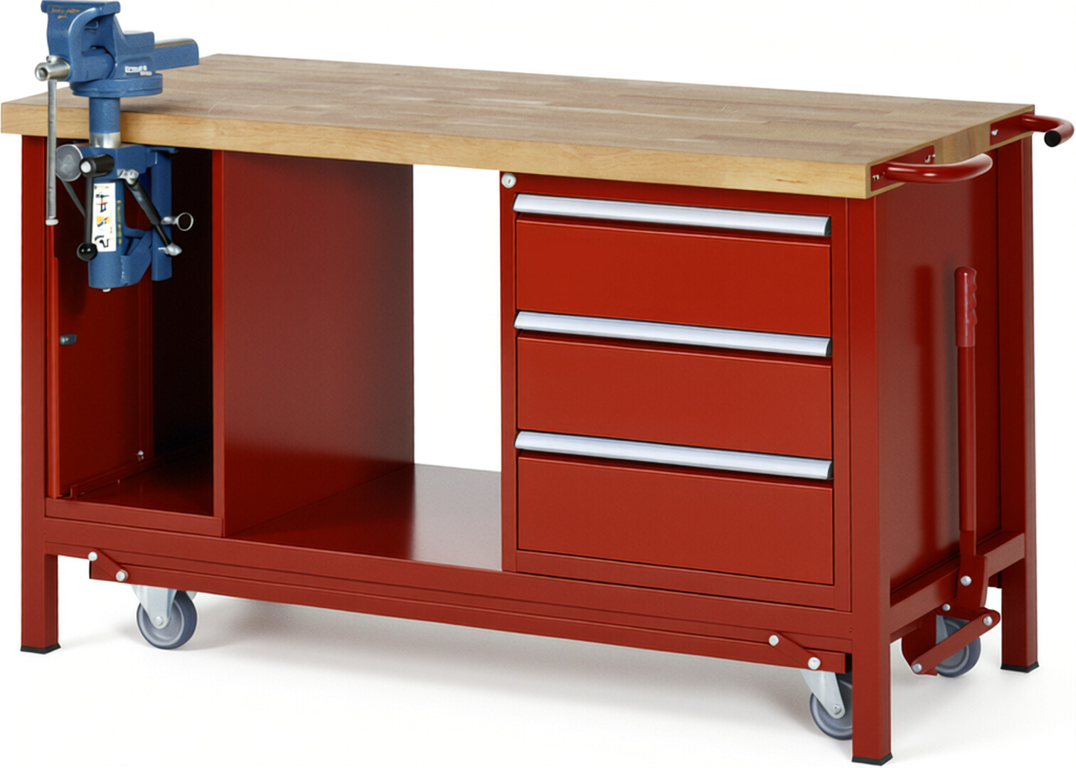 Absenkbare Werkbank Modell 8183 rot, BxTxH 1500x700x880 mm,  Buche-Massiv Arbeitsplatte 40 mm,  3 Schubladen mit  Vollauszug 100 % und  SoftClosing