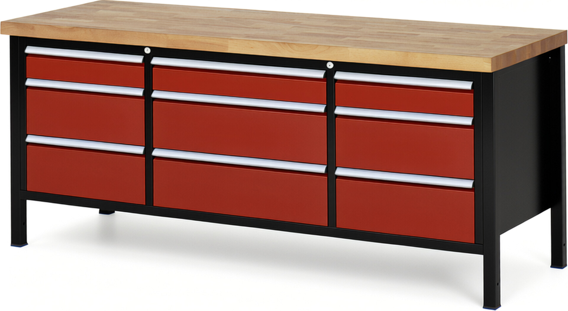RAU Werkbank schwarz - rot - Breite 200 cm - Tiefe 70 cm - Höhe 104 cm - Buche-Massiv Arbeitsplatte 40 mm