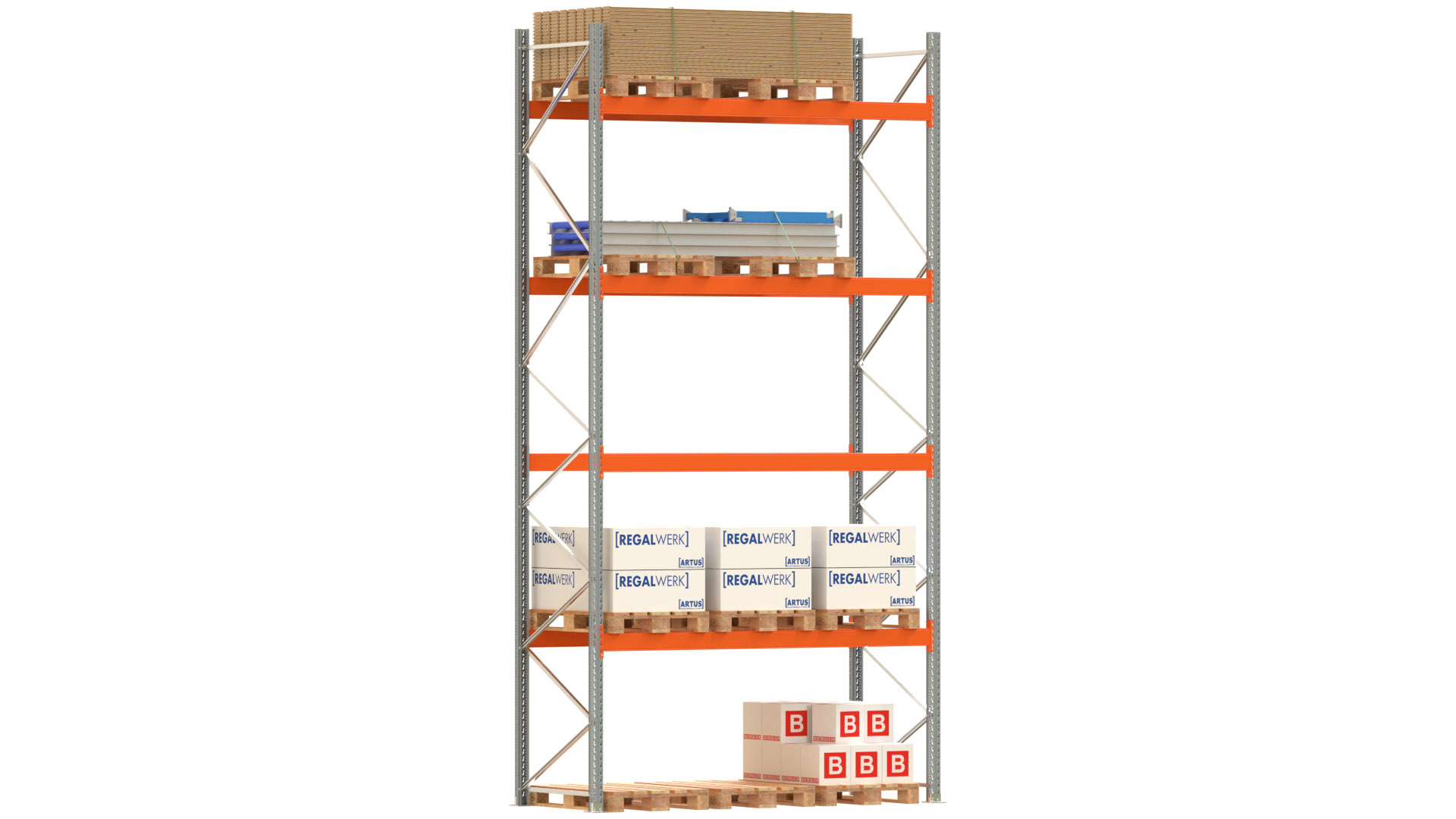 Palettenregal ARTUS - Breite 287 cm - Höhe 550 cm - Tiefe 110 cm - 4 Träger-Ebenen - Fachlast 3000 kg - 15 Palettenstellplätze