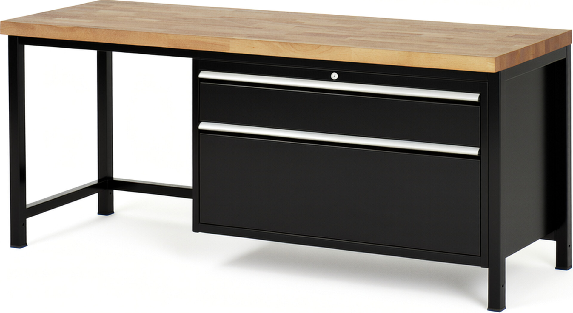 Werkbank Modell 8356 schwarz, BxTxH 2000x700x840 mm,  Buche-Massiv Arbeitsplatte 40 mm,  2 Schubladen mit  Vollauszug 100 % und  SoftClosing