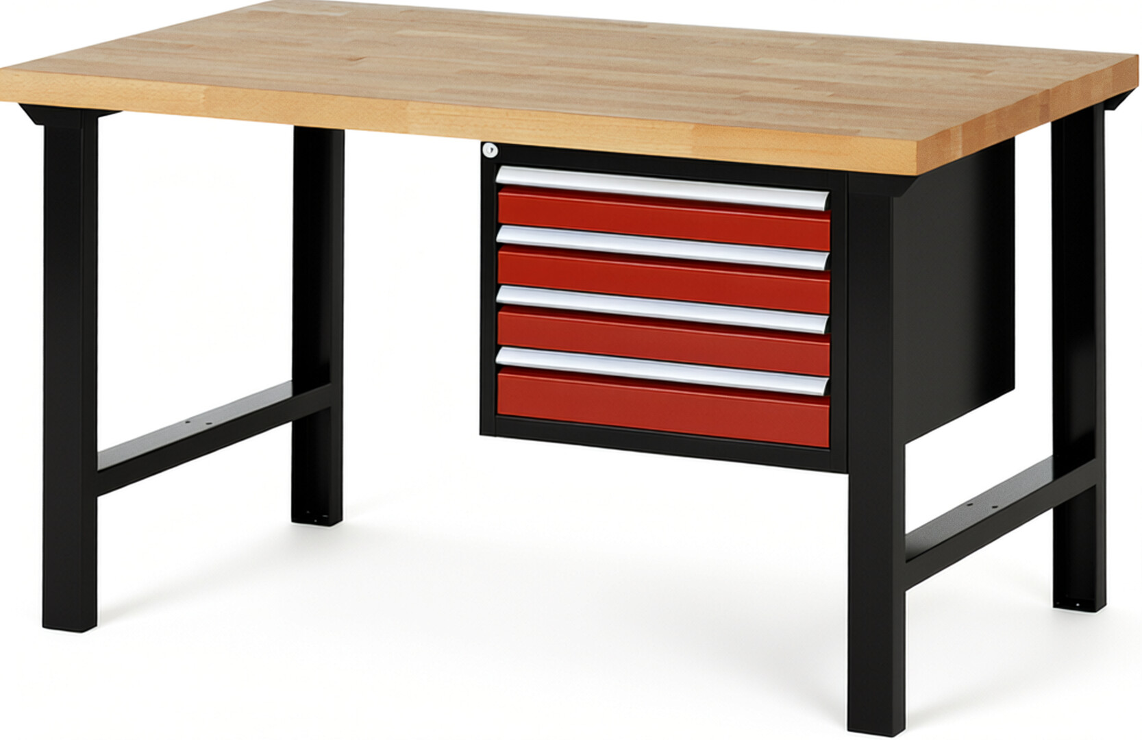 RAU Werkbank schwarz - rot - Breite 150 cm - Tiefe 90 cm - Höhe 84 cm - Buche-Massiv Arbeitsplatte 40 mm