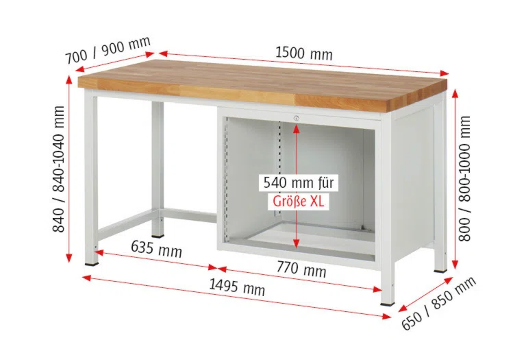 Werkbank Modell 8262 schwarz, BxTxH 1500x700x840-1040 mm,  Buche-Massiv Arbeitsplatte 40 mm,  4 Schubladen mit  Vollauszug 100 % und  SoftClosing