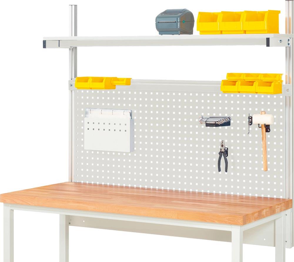 Aufbau für Werkbank B 1500 mm mit Etagenbord, Lochplatte H 650 mm, Halteschiene, RAL 7035