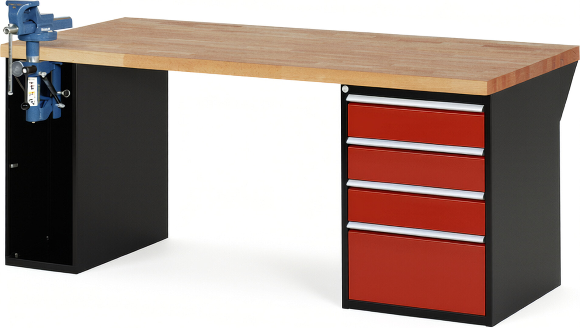 RAU Werkbank schwarz - rot - Breite 200 cm - Tiefe 90 cm - Höhe 89 cm - Buche-Massiv Arbeitsplatte 40 mm