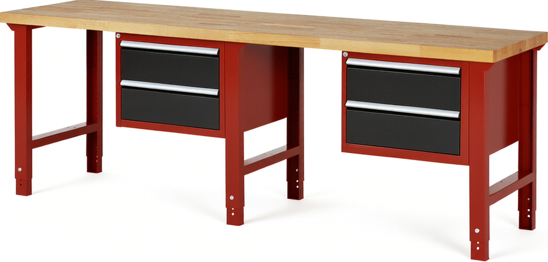 Werkbank Modell 7125 rot - schwarz, BxTxH 2500x700x790-1140 mm,  Buche-Massiv Arbeitsplatte 40 mm,  4 Schubladen mit  Vollauszug 100 % und  SoftClosing