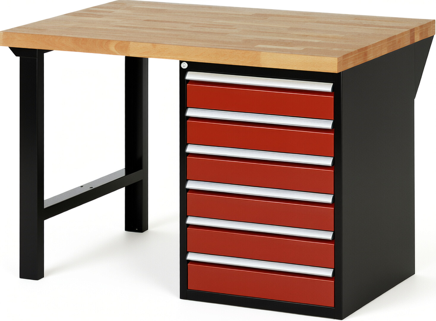 Werkbank Modell 7516 schwarz-rot, BxTxH 1250x900x890 mm,  Buche-Massiv Arbeitsplatte 40 mm,  6 Schubladen mit  Auszug 90 %