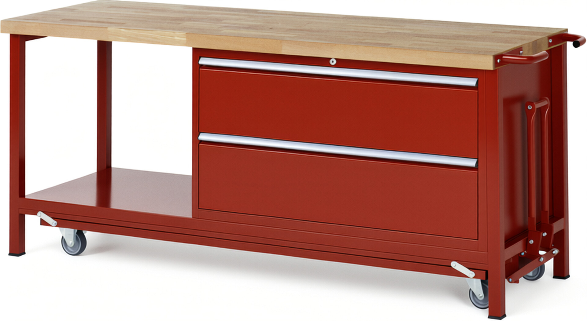Absenkbare Werkbank Modell 8355 rot, BxTxH 2000x700x880 mm,  Buche-Massiv Arbeitsplatte 40 mm,  2 Schubladen mit  Auszug 90 %