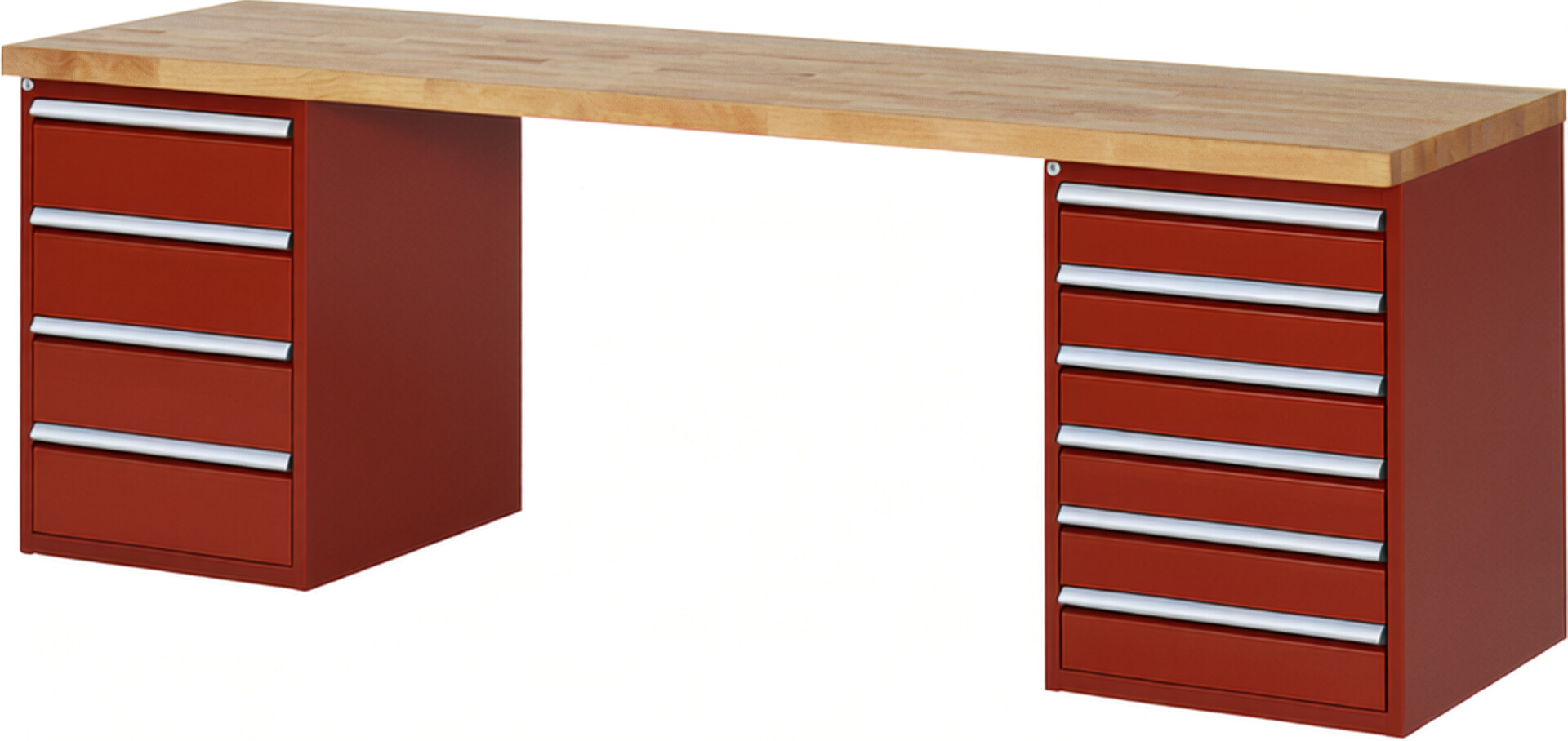 RAU Werkbank rot - Breite 250 cm - Tiefe 70 cm - Höhe 89 cm - Buche-Massiv Arbeitsplatte 40 mm