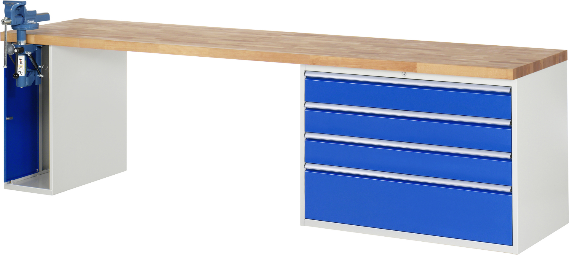 Werkbank Modell 7710,  BxTxH 3000x700x840 mm,  Buche-Massiv Arbeitsplatte 40 mm,  4 Schubladen mit  Auszug 90 %