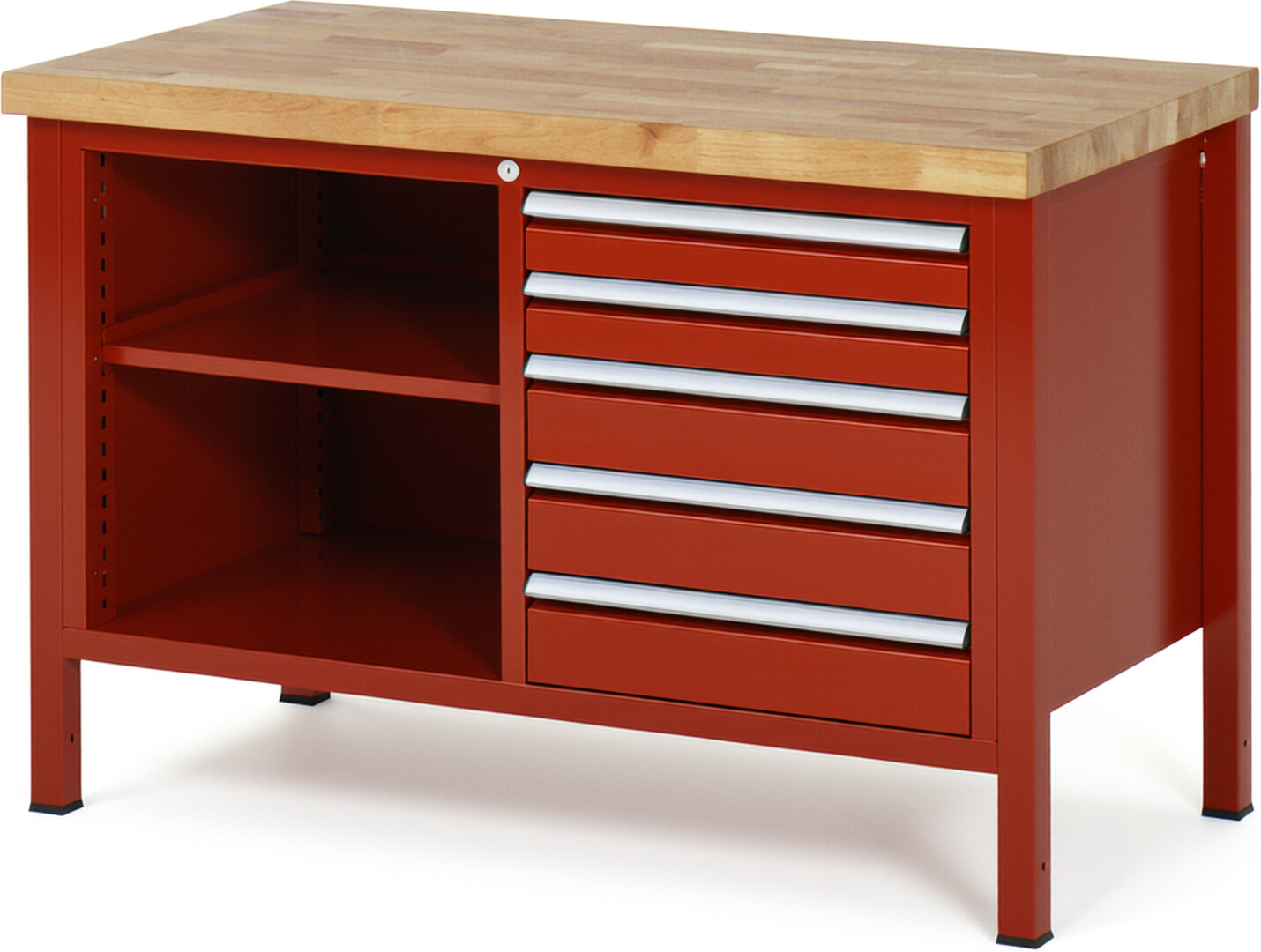 Werkbank Modell 8464 rot, BxTxH 1250x700x840-1040 mm,  Buche-Massiv Arbeitsplatte 40 mm,  5 Schubladen mit  Auszug 90 %