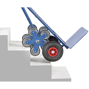 Sackkarre, Stahlrohr-Treppenkarre, Schaufel-BxT 480x300 mm, HxB 1300x590 mm, Traglast 200 kg, 2 Räder Luftbereifung + 2 fünfarmige Radsterne, RAL 5007 blau