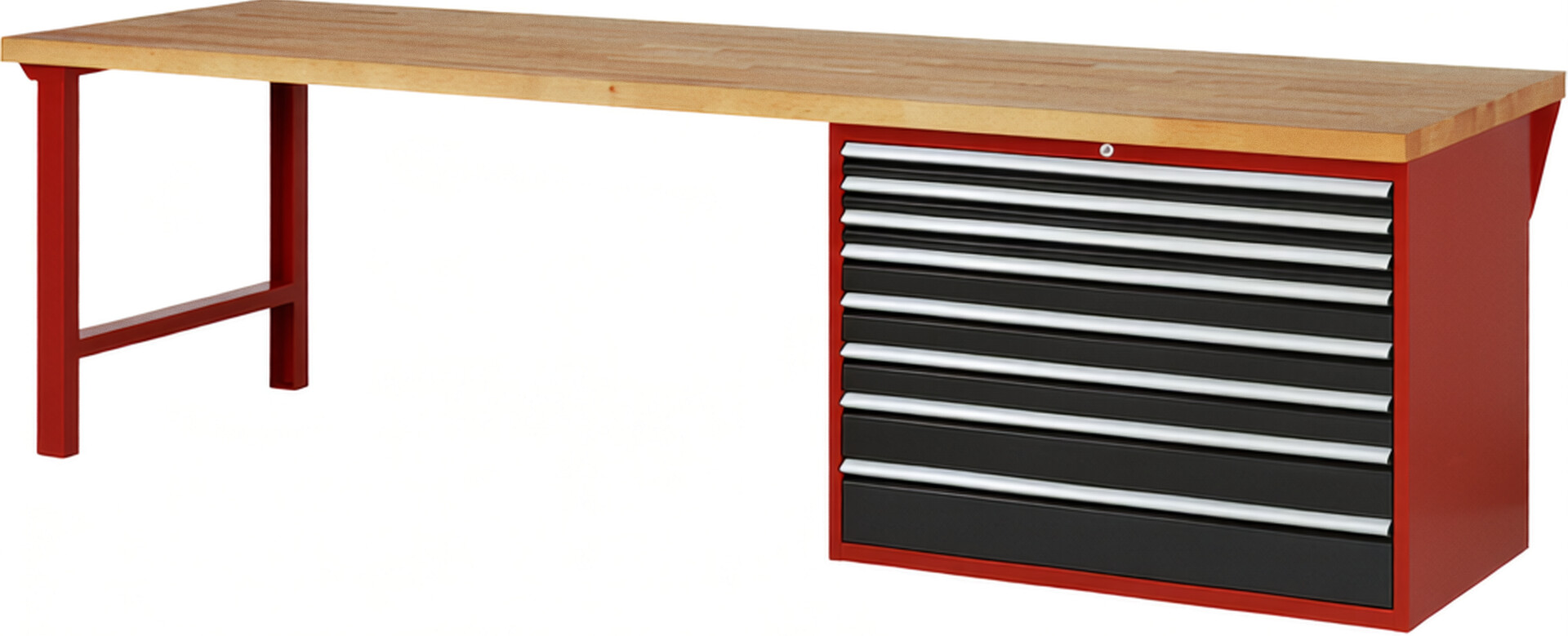 Werkbank Modell 7719 rot - schwarz, BxTxH 3000x900x890 mm,  Buche-Massiv Arbeitsplatte 40 mm,  8 Schubladen mit  Vollauszug 100 % und  SoftClosing