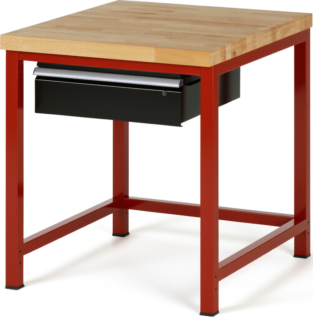 Werkbank Modell 8001 rot - schwarz, BxTxH 750x900x840-1040 mm,  Buche-Massiv Arbeitsplatte 40 mm,  1 Schublade mit  Auszug 90 %
