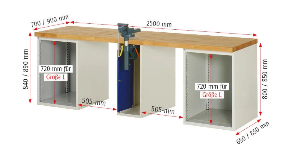 Werkbank Modell 7510 schwarz, BxTxH 2500x900x890 mm,  Buche-Massiv Arbeitsplatte 40 mm,  8 Schubladen mit  Auszug 90 %