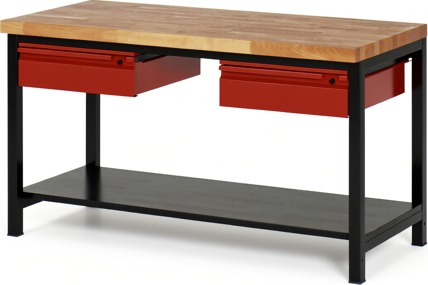 RAU Werkbank schwarz - rot - Breite 150 cm - Tiefe 70 cm - Höhe 104 cm - Buche-Massiv Arbeitsplatte 40 mm