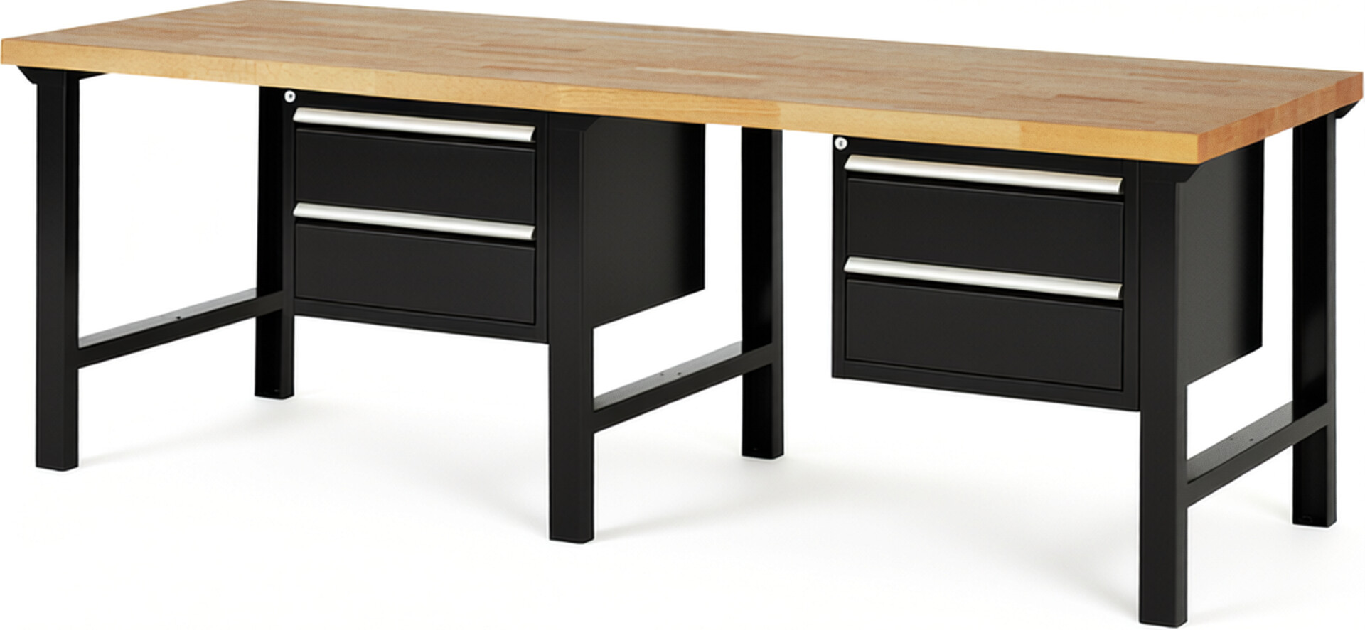 Werkbank Modell 7125 schwarz, BxTxH 2500x900x840 mm,  Buche-Massiv Arbeitsplatte 40 mm,  4 Schubladen mit  Vollauszug 100 % und  SoftClosing