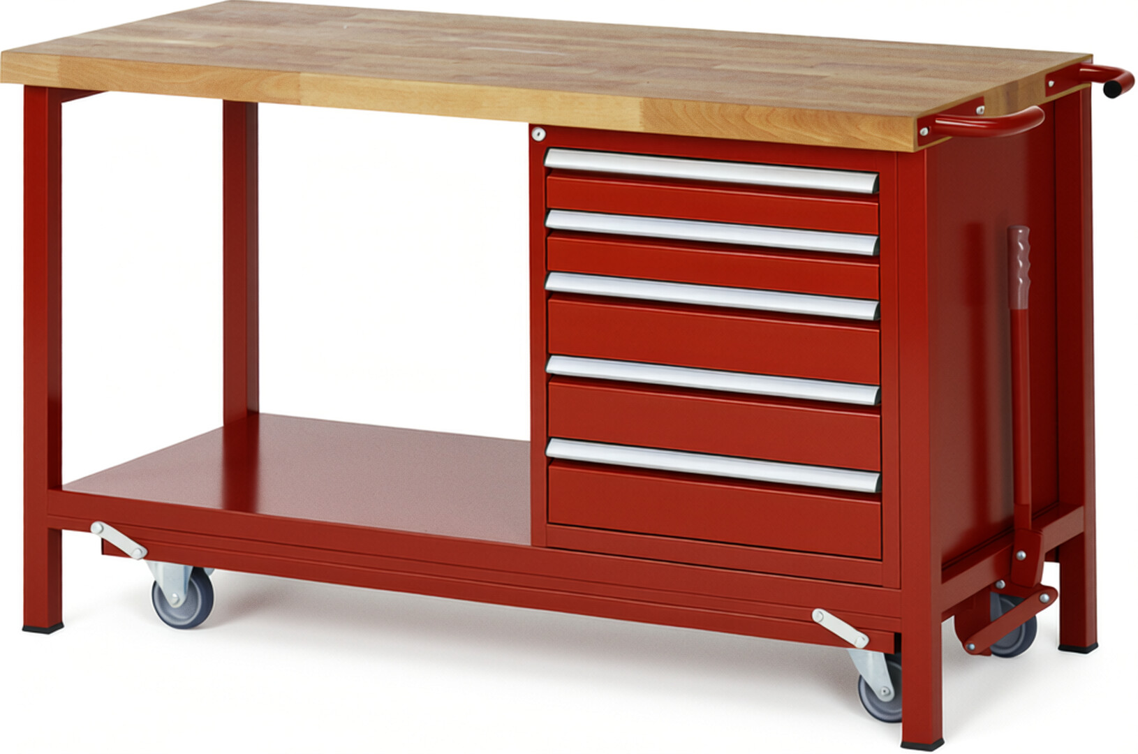 Absenkbare Werkbank Modell 8171 rot, BxTxH 1500x700x880 mm,  Buche-Massiv Arbeitsplatte 40 mm,  5 Schubladen mit  Auszug 90 %