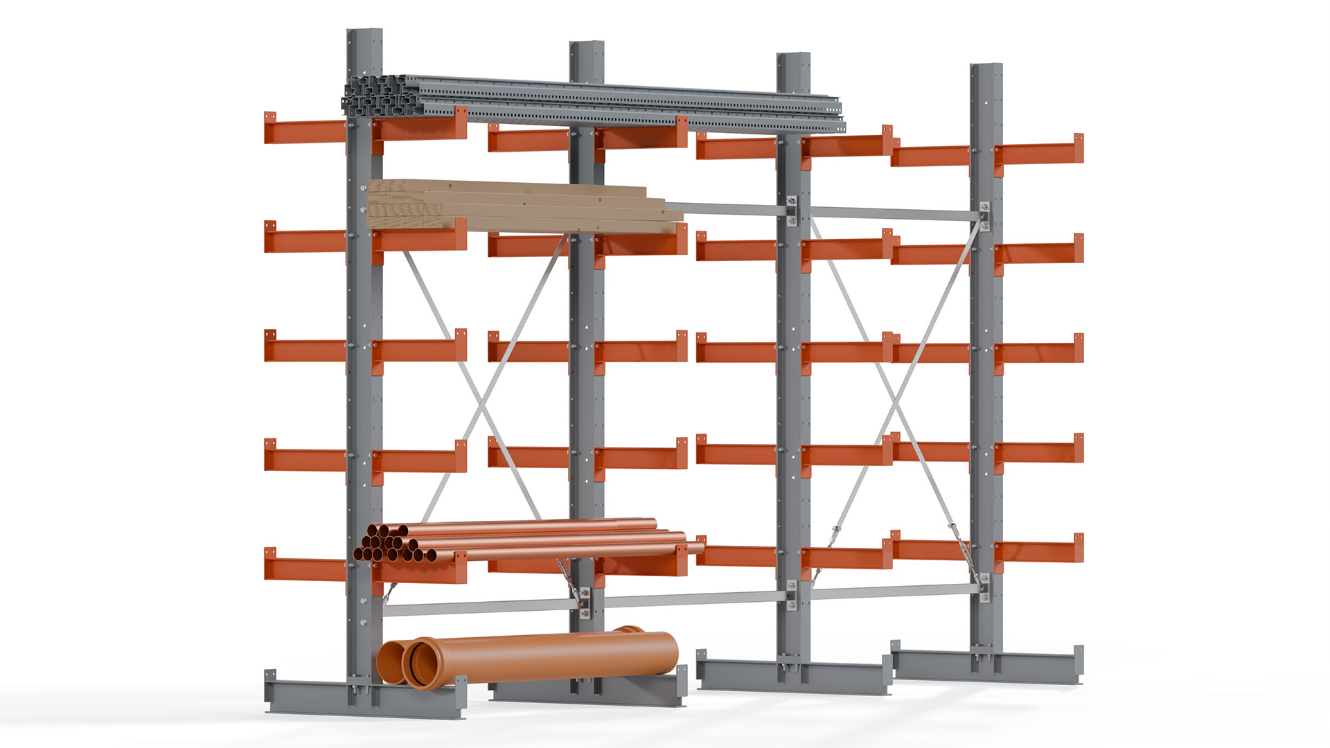 Kragarmregal KARL basic - lackiert - Breite: 384 cm - Höhe: 250 cm - Tiefe: 40 cm - Traglast je Kragarm: 1100 kg - beidseitig