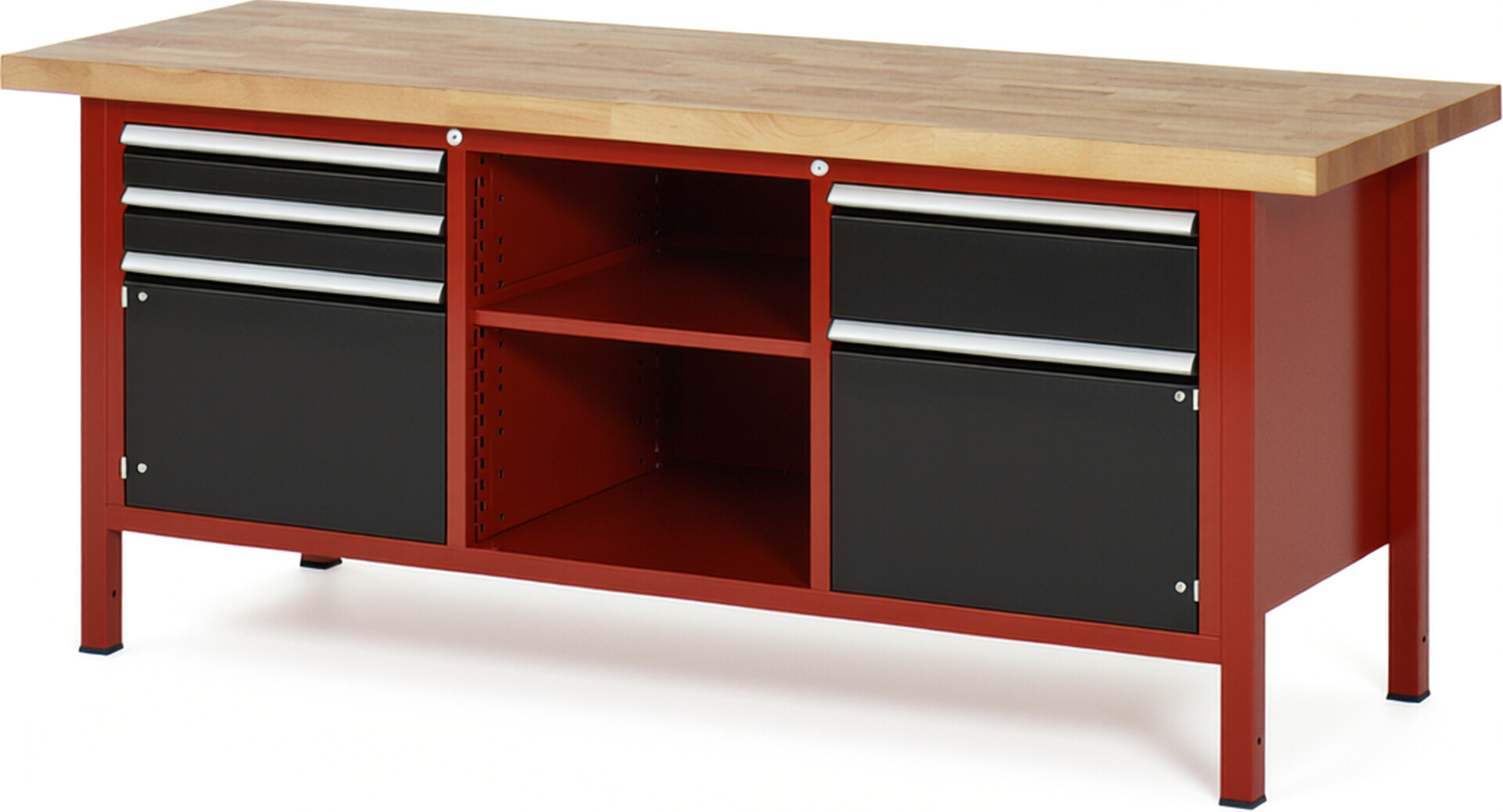 Werkbank Modell 8562 rot - schwarz, BxTxH 2000x700x840 mm,  Buche-Massiv Arbeitsplatte 40 mm,  3 Schubladen mit  Auszug 90 %