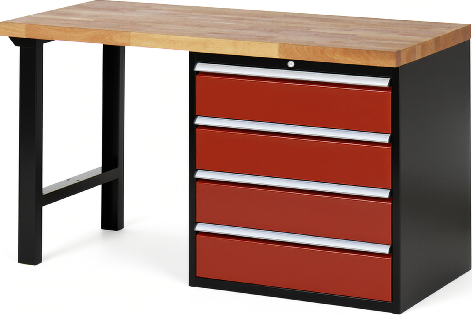 RAU Werkbank schwarz - rot - Breite 150 cm - Tiefe 70 cm - Höhe 84 cm - Buche-Massiv Arbeitsplatte 40 mm