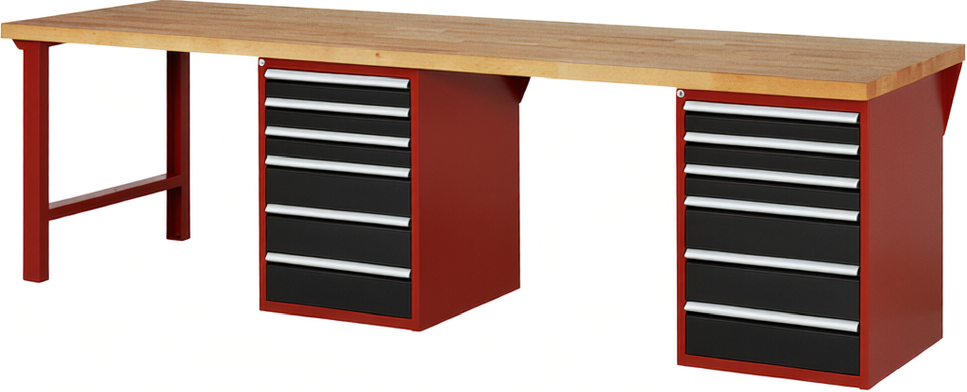 Werkbank Modell 7515 rot - schwarz, BxTxH 3000x900x890 mm,  Buche-Massiv Arbeitsplatte 40 mm,  12 Schubladen mit  Vollauszug 100 % und  SoftClosing