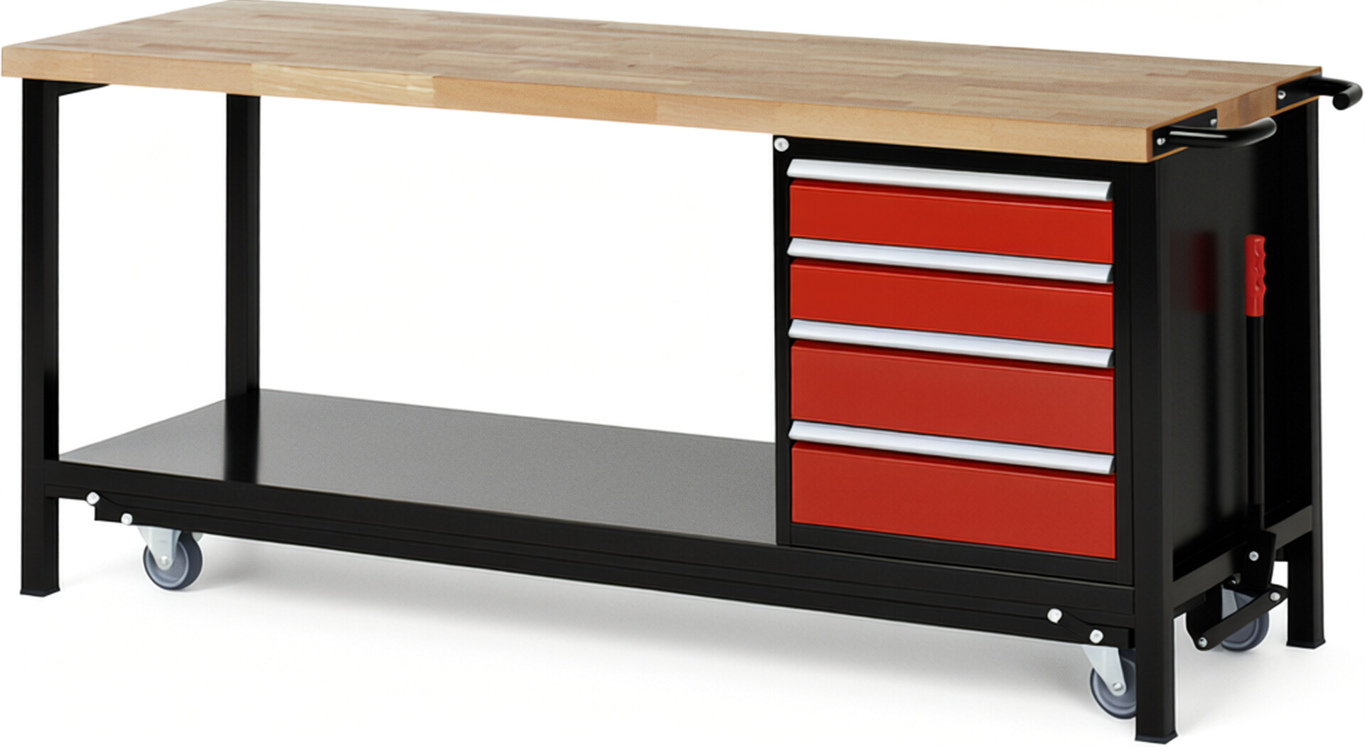 RAU Werkbank schwarz - rot - Breite 200 cm - Tiefe 70 cm - Höhe 88 cm - Buche-Massiv Arbeitsplatte 40 mm