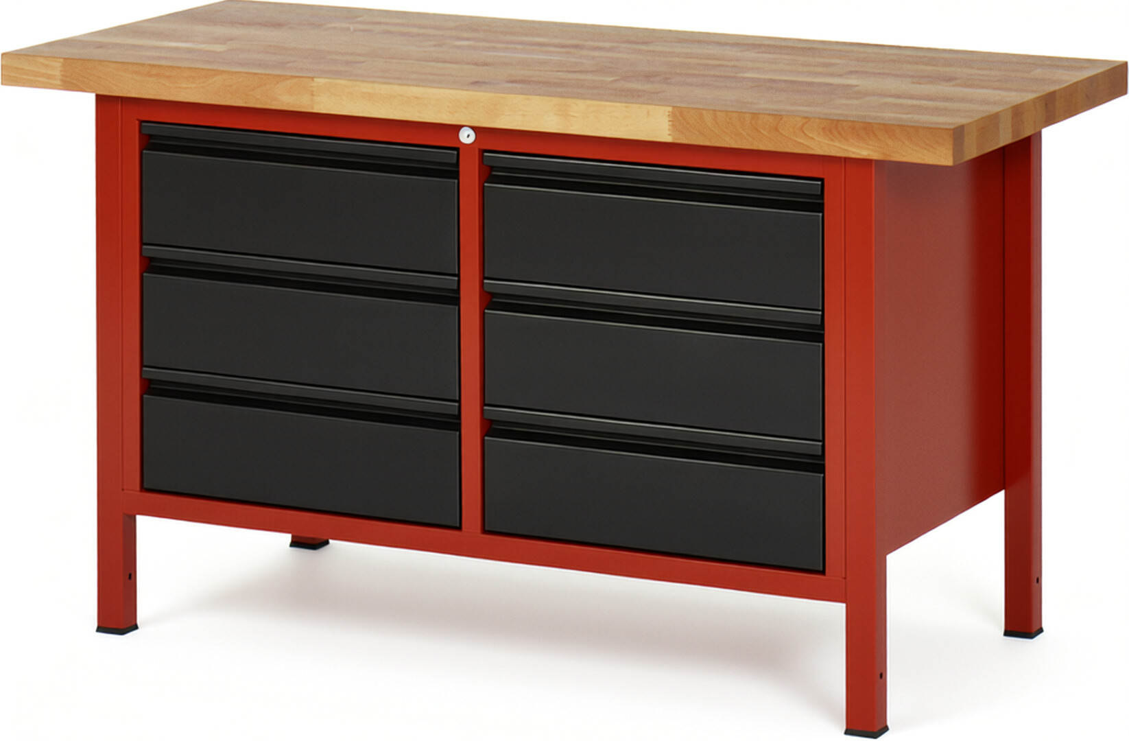 Werkbank rot - schwarz, BxTxH 1500x700x840-1040 mm, Platte Buche 40 mm, 6 Schubladen 180 mm, RAL 3000/9011