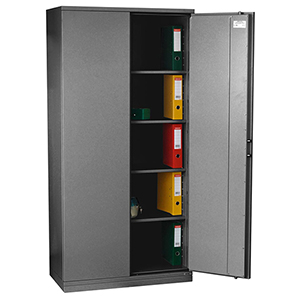 Feuergeschützter Büroschrank, BxTxH 950x500x1950 mm, 2 Türen, 4 Böden, Kapazität 55 Ordner, RAL 7024 graphitgrau