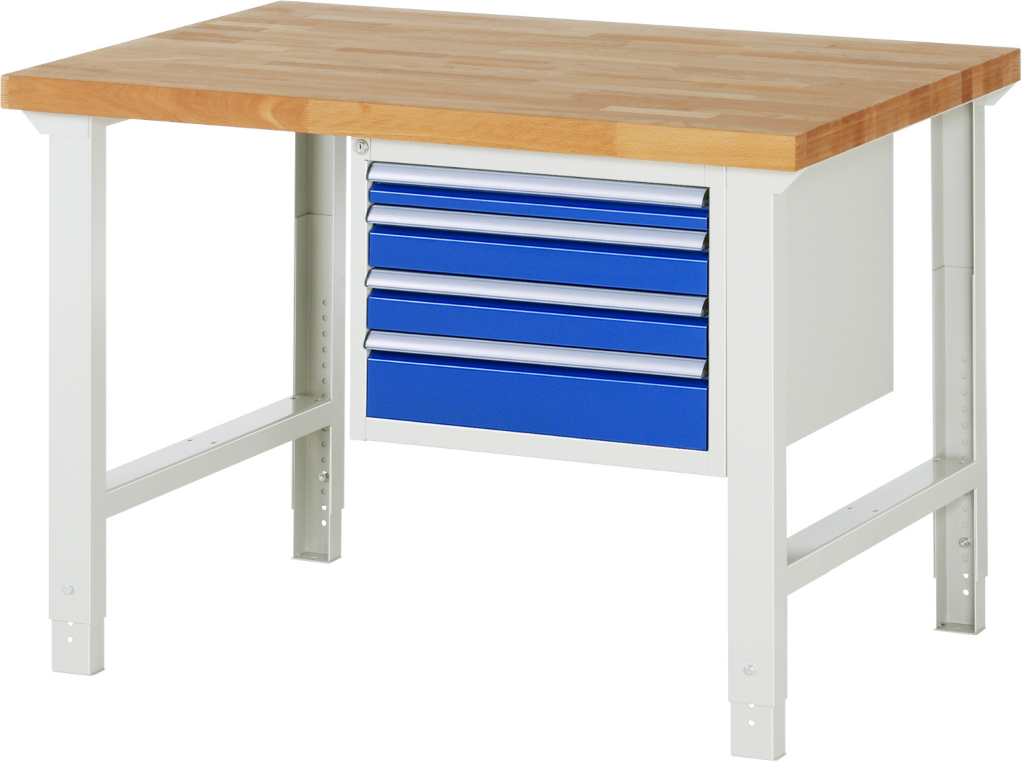 Werkbank Modell 7132 rot - schwarz, BxTxH 1250x900x790-1140 mm,  Buche-Massiv Arbeitsplatte 40 mm,  4 Schubladen mit  Auszug 90 %