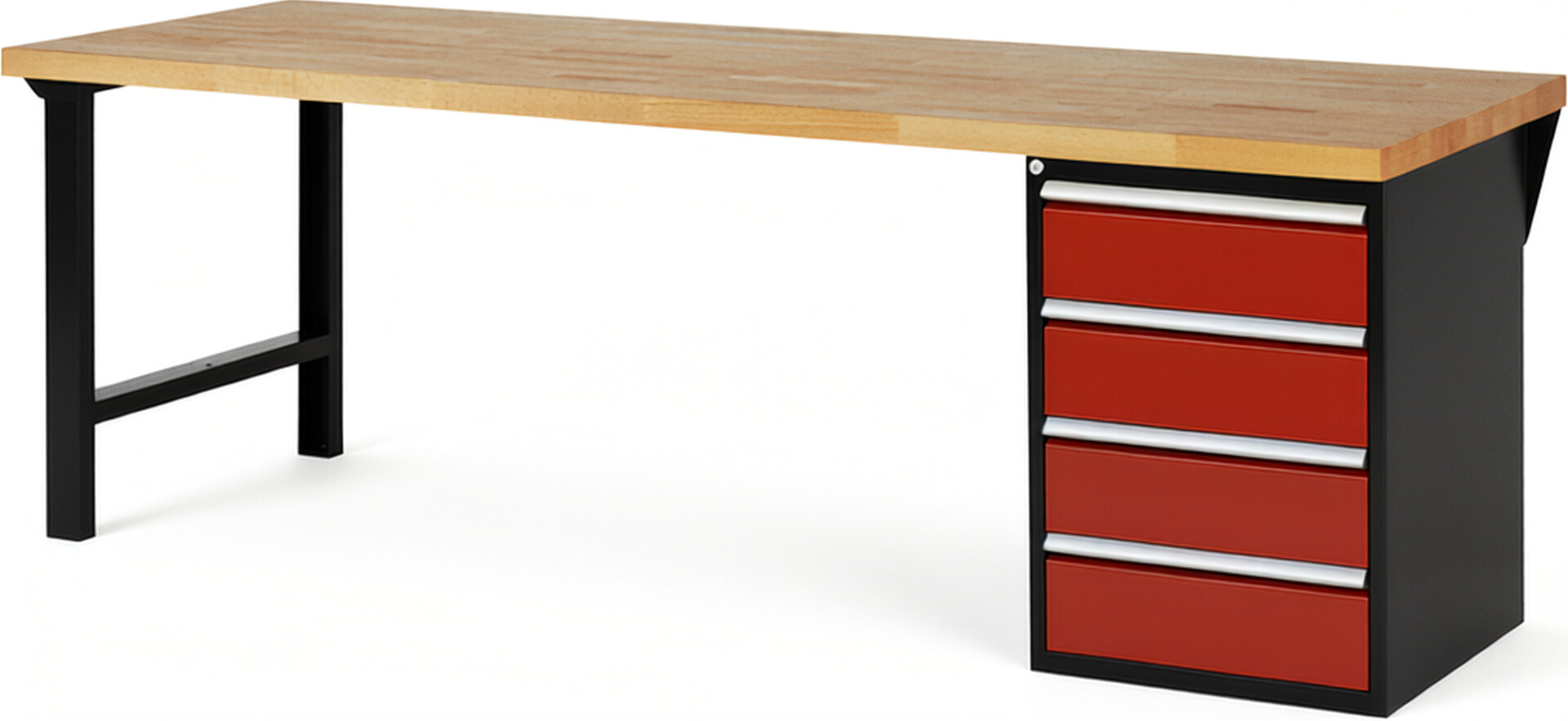 RAU Werkbank schwarz - rot - Breite 250 cm - Tiefe 90 cm - Höhe 84 cm - Buche-Massiv Arbeitsplatte 40 mm