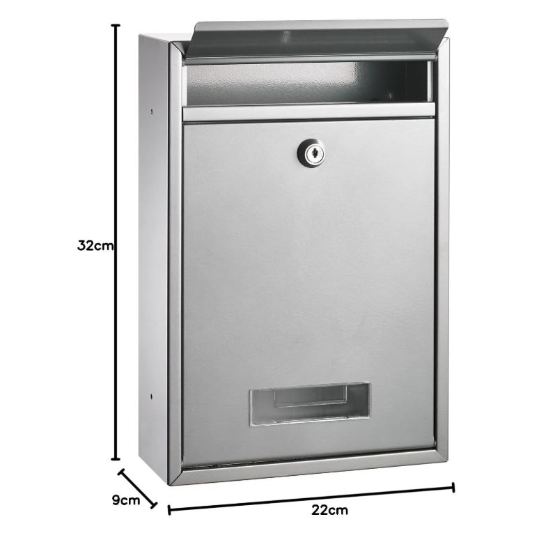 Briefkasten, silberfarben, BxTxH 215x85x320 mm, mit Klarsichtfenster und Halter für Namensschild