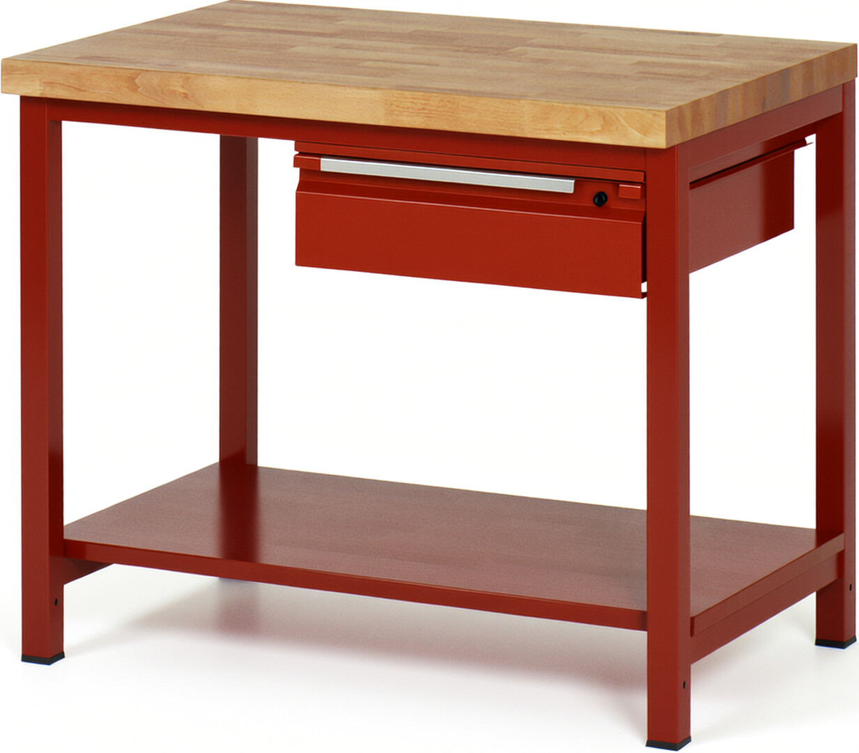 Werkbank - Modell 8001 BASIC rot, BxTxH 1000x700x840-1040 mm,  Buche-Massiv Arbeitsplatte 40 mm,  1 Schublade mit  Auszug 90 %