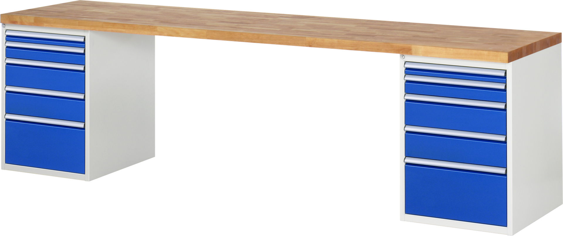 Werkbank Modell 7511 rot - schwarz, BxTxH 3000x700x890 mm,  Buche-Massiv Arbeitsplatte 40 mm,  10 Schubladen mit  Auszug 90 %