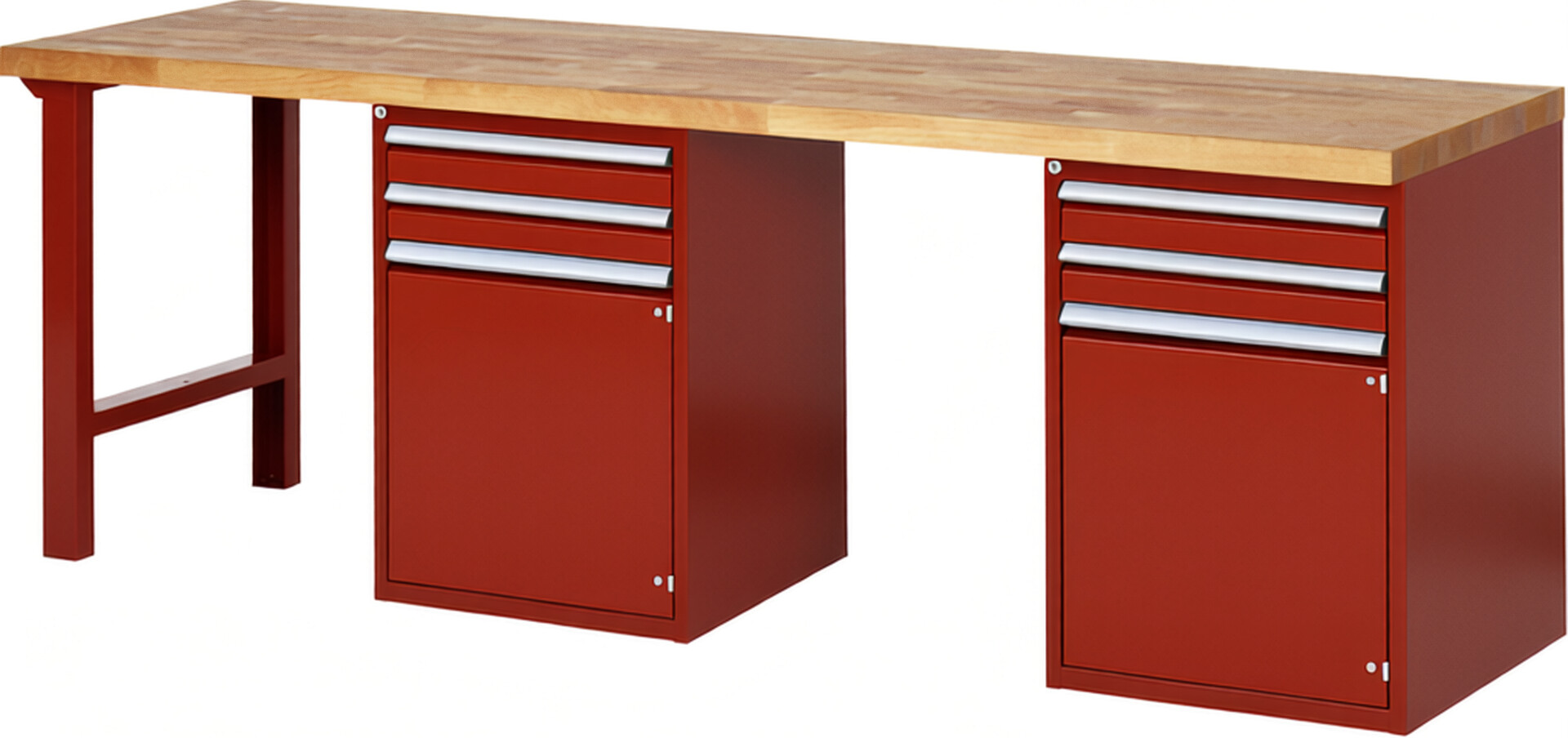 RAU Werkbank rot - Breite 250 cm - Tiefe 70 cm - Höhe 84 cm - Buche-Massiv Arbeitsplatte 40 mm