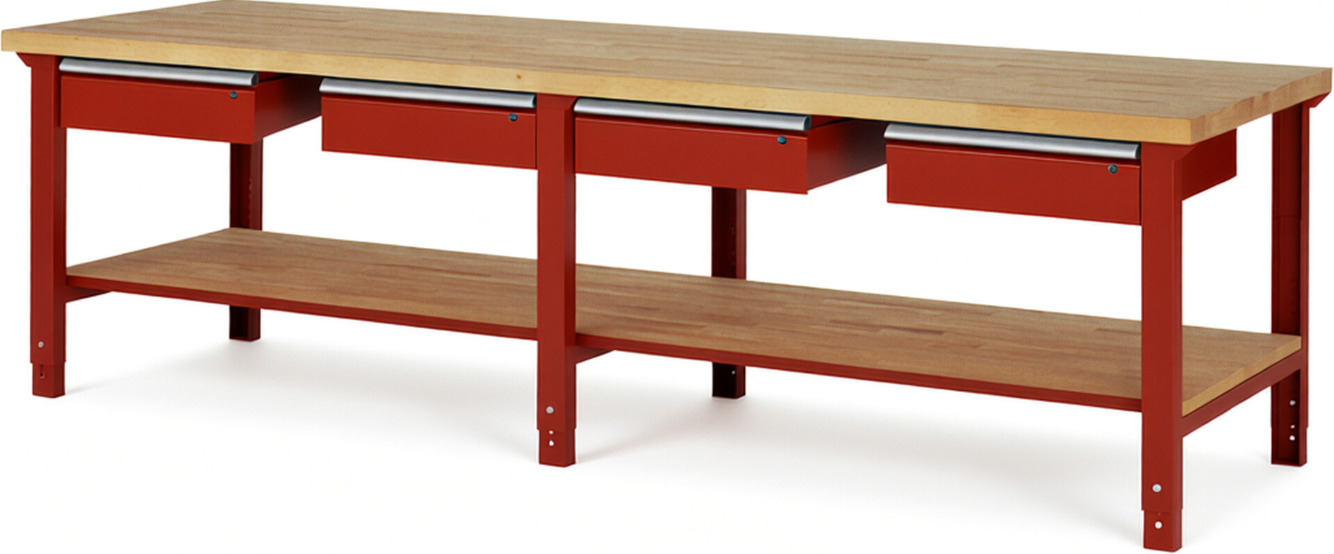 Werkbank Modell 7002 rot, BxTxH 3000x900x790-1140 mm,  Buche-Massiv Arbeitsplatte 40 mm,  4 Schubladen mit  Auszug 90 %