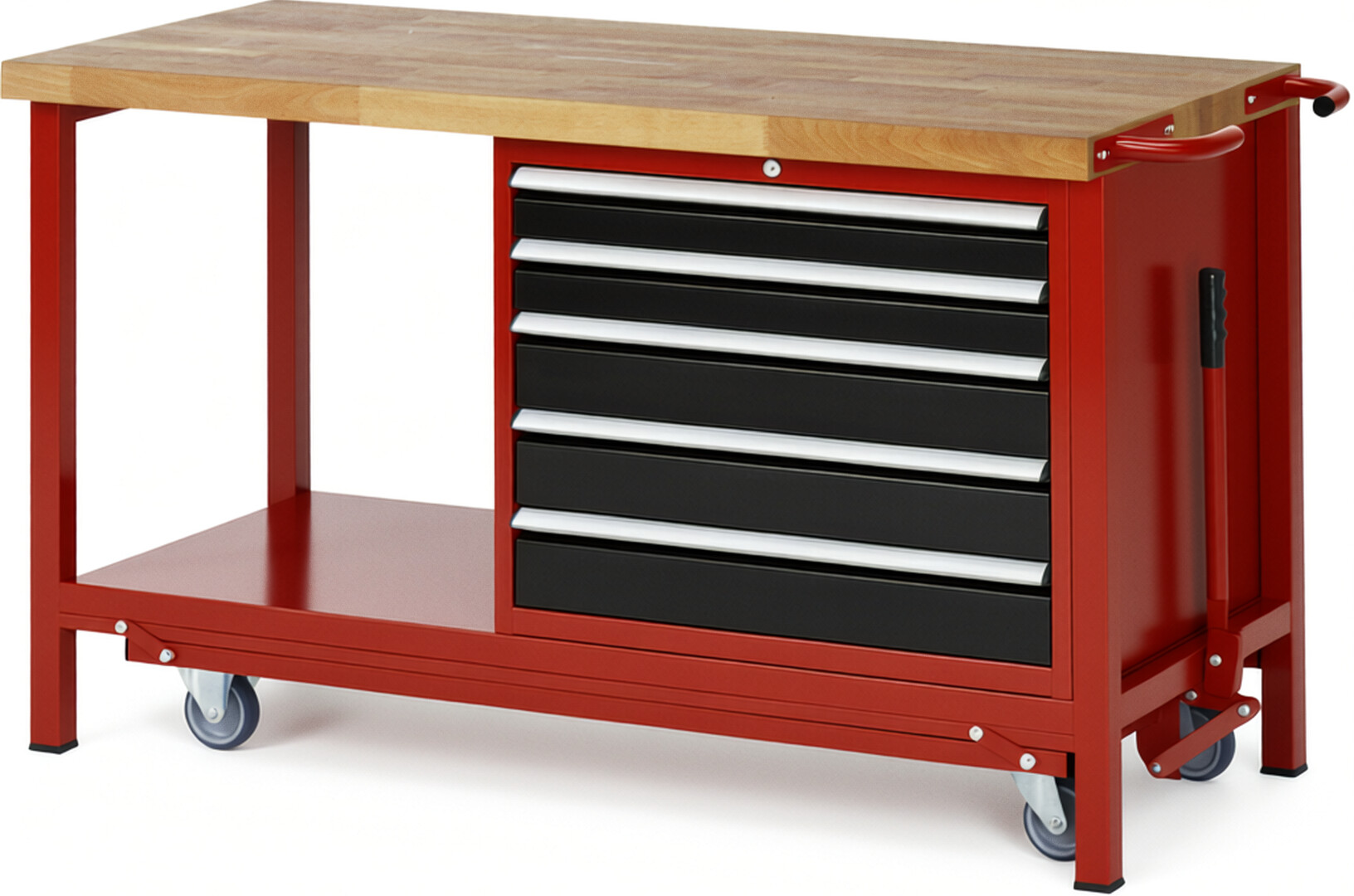 Absenkbare Werkbank Modell 8271 rot - schwarz, BxTxH 1500x700x880 mm,  Buche-Massiv Arbeitsplatte 40 mm,  5 Schubladen mit  Vollauszug 100 % und  SoftClosing