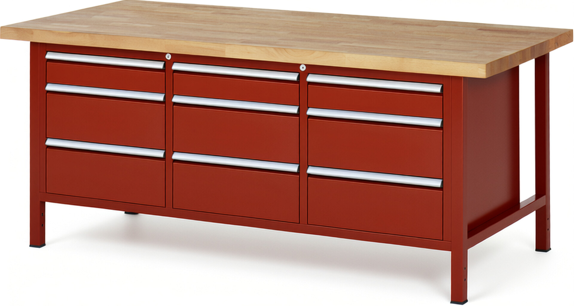 Werkbank Modell 8573 rot, BxTxH 2000x900x840 mm,  Buche-Massiv Arbeitsplatte 40 mm,  9 Schubladen mit  Vollauszug 100 % und  SoftClosing