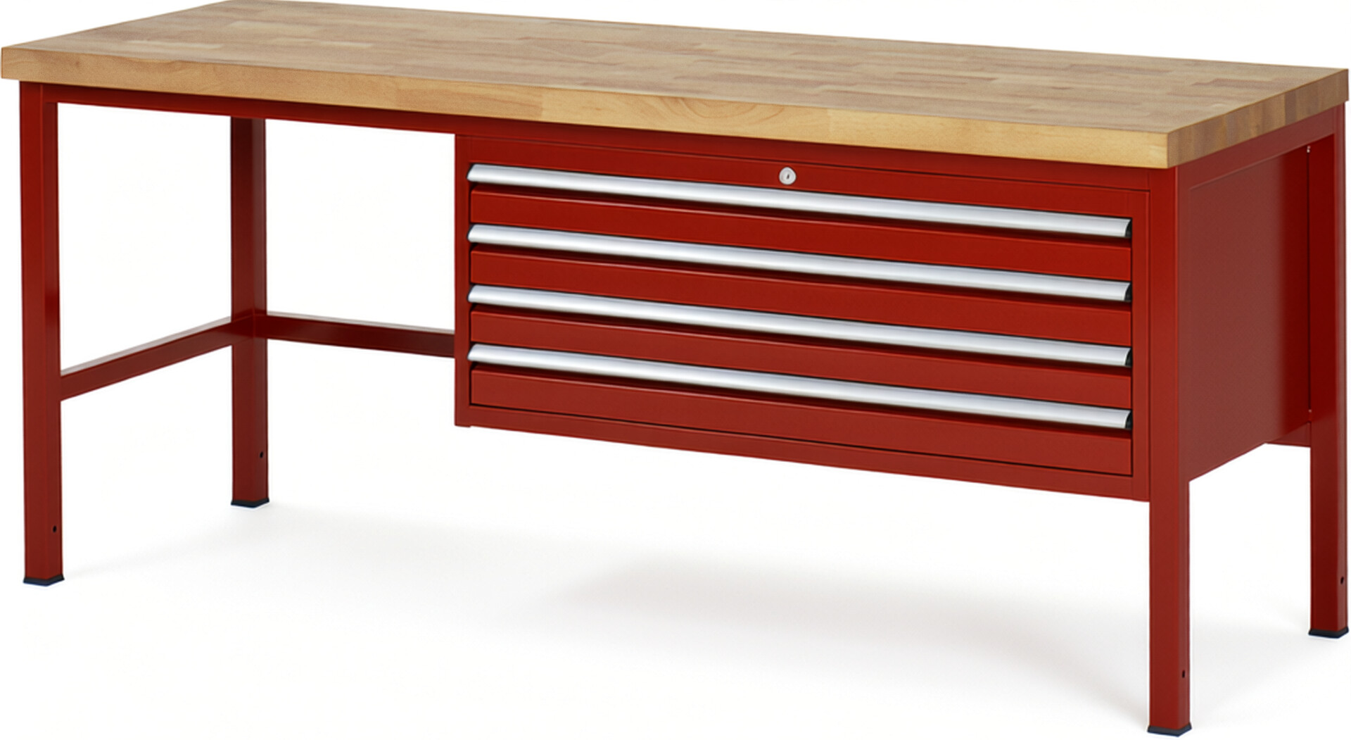 Werkbank Modell 8333 rot, BxTxH 2000x700x840 mm,  Buche-Massiv Arbeitsplatte 40 mm,  4 Schubladen mit  Auszug 90 %