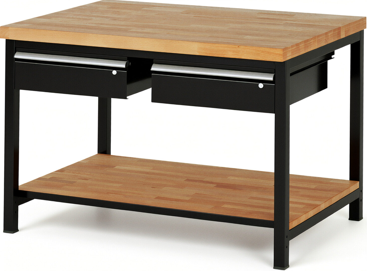 RAU Werkbank schwarz - Breite 125 cm - Tiefe 90 cm - Höhe 104 cm - Buche-Massiv Arbeitsplatte 40 mm