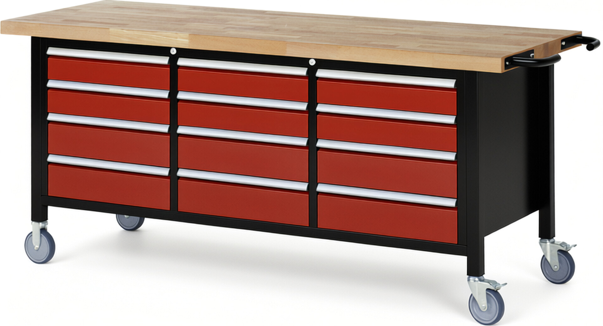 RAU Werkbank schwarz - rot - Breite 200 cm - Tiefe 70 cm - Höhe 108 cm - Buche-Massiv Arbeitsplatte 40 mm