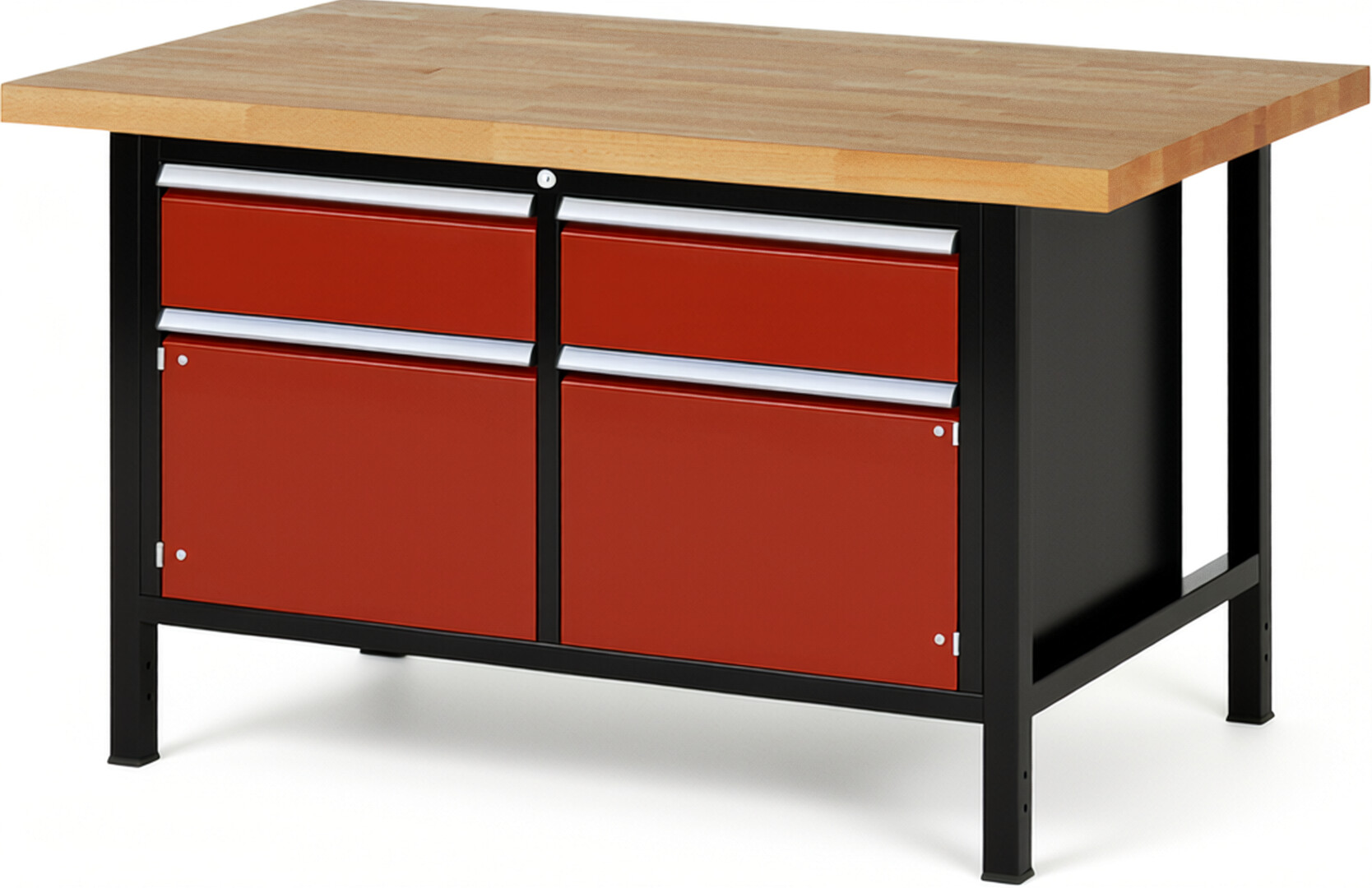 RAU Werkbank schwarz - rot - Breite 150 cm - Tiefe 90 cm - Höhe 84 cm - Buche-Massiv Arbeitsplatte 40 mm