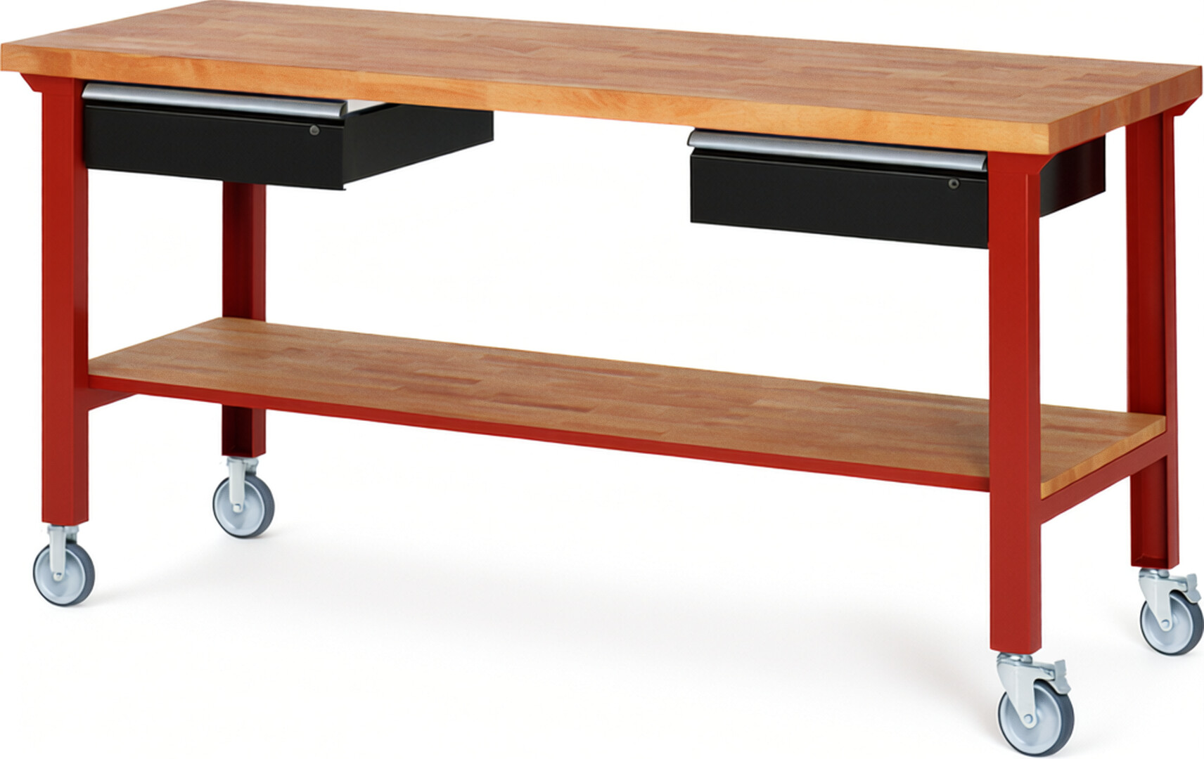 Fahrbare Werkbank Modell 7002 rot - schwarz, BxTxH 2000x700x1000 mm,  Buche-Massiv Arbeitsplatte 40 mm,  2 Schubladen mit  Auszug 90 %