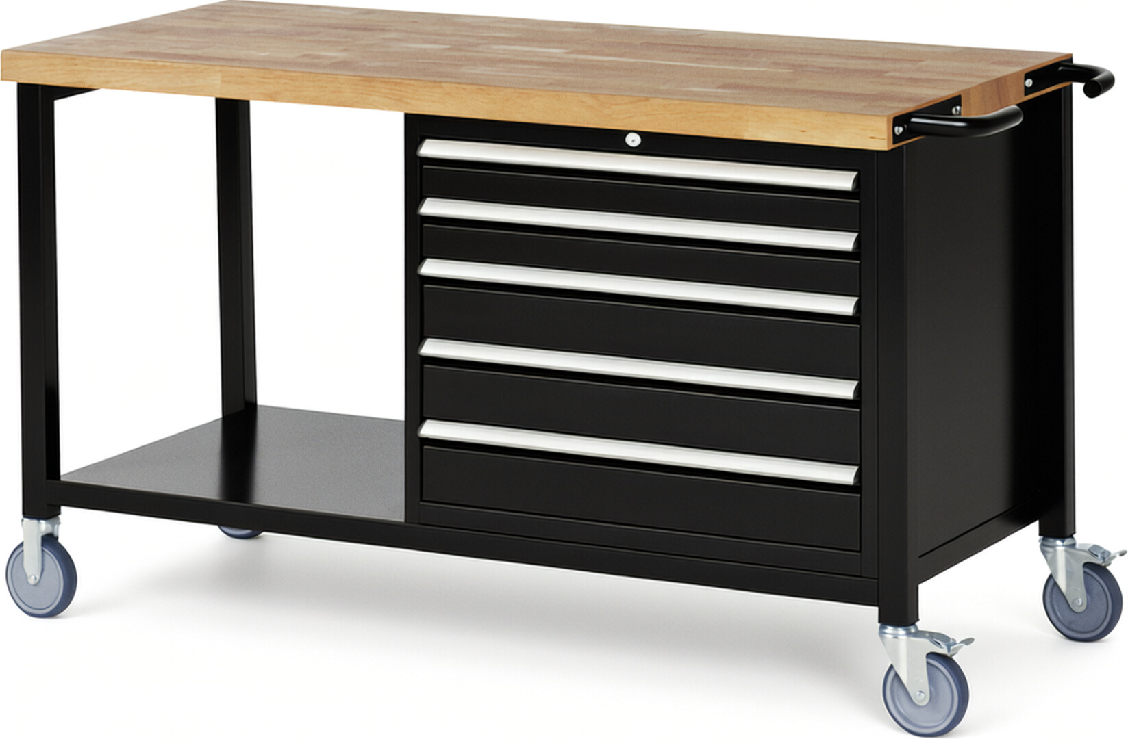 Fahrbare Werkbank Modell 8271 schwarz, BxTxH 1500x700x880 mm,  Buche-Massiv Arbeitsplatte 40 mm,  5 Schubladen mit  Auszug 90 %