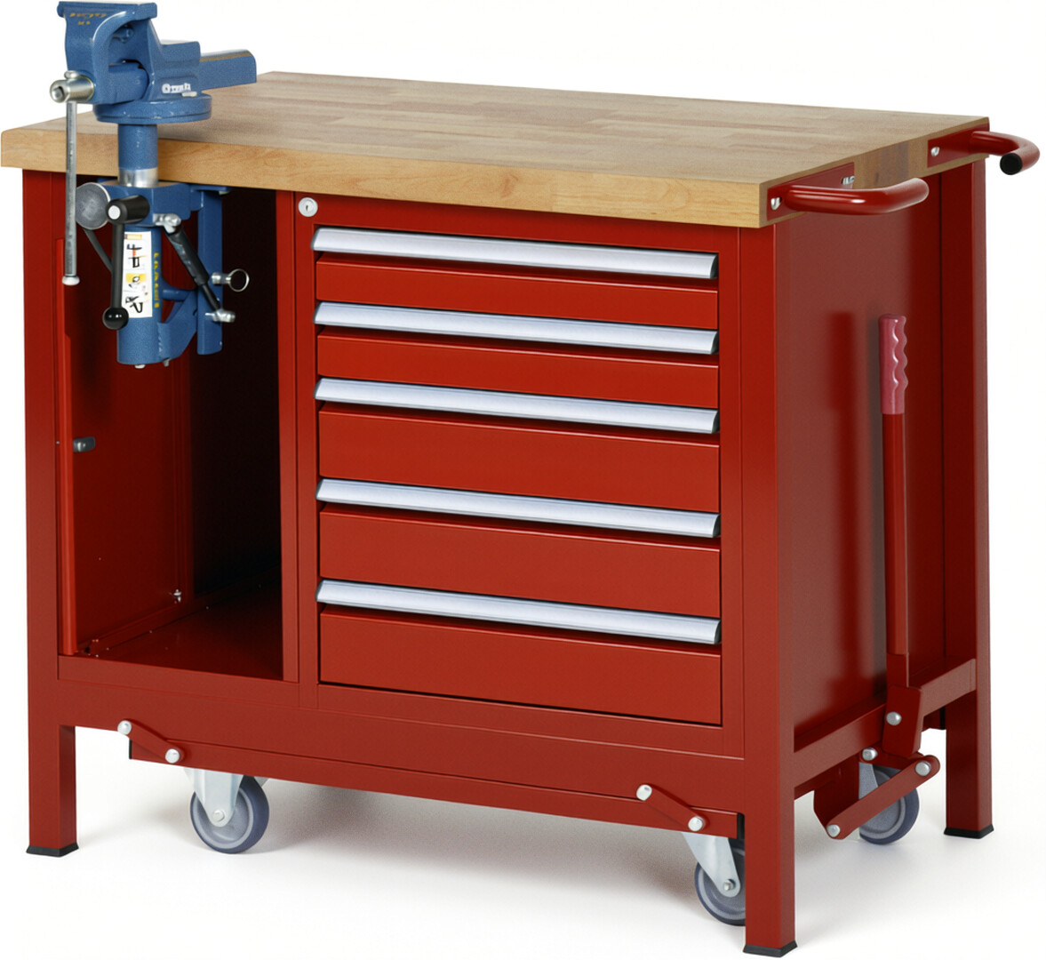 RAU Werkbank rot - Breite 100 cm - Tiefe 70 cm - Höhe 88 cm - Buche-Massiv Arbeitsplatte 40 mm